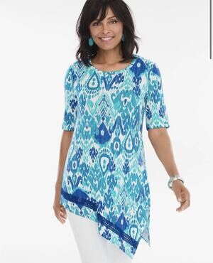 Chicos Artful Ikat Asymmetrical Top Blue Size 2 (Large) NWT